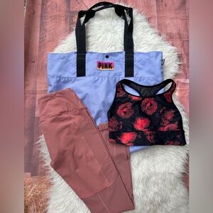 Pink Logo Tote with Floral Sports Bra and Leggings
